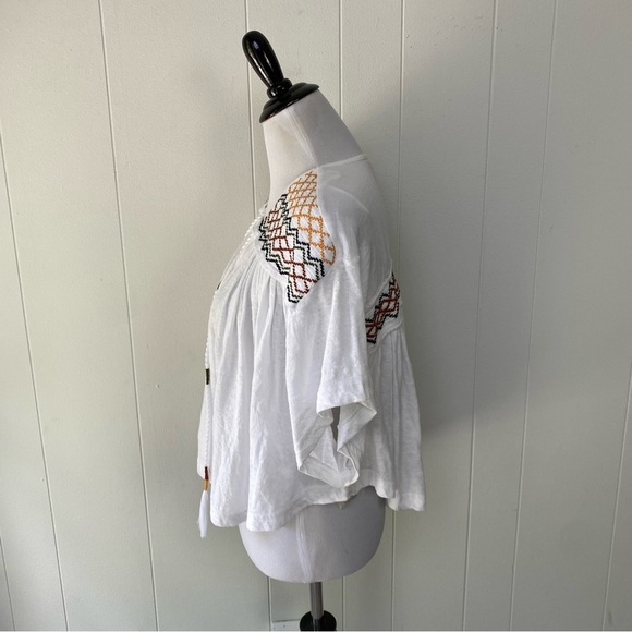 Free People Womens Market Embroidery Trim Tassel Tie V-Neck Tee White Size XS - Picture 10 of 14